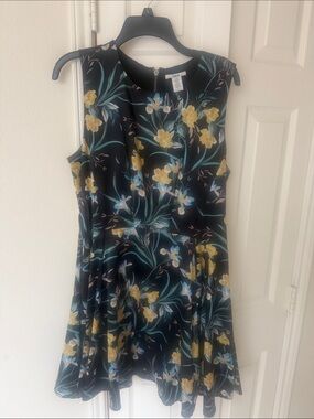 Bar III Black Floral A-Line Dress with Yellow and Teal Accents